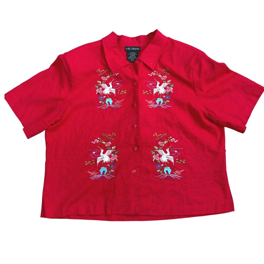Citi Dress Top Crane Embroidery Linen Blend Women Size 14 Red 90's
Oriental